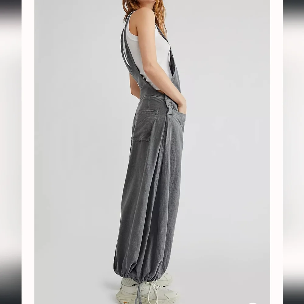 Free People Washed Gray Wide-Leg Denim Overalls. - Picture 3 of 10